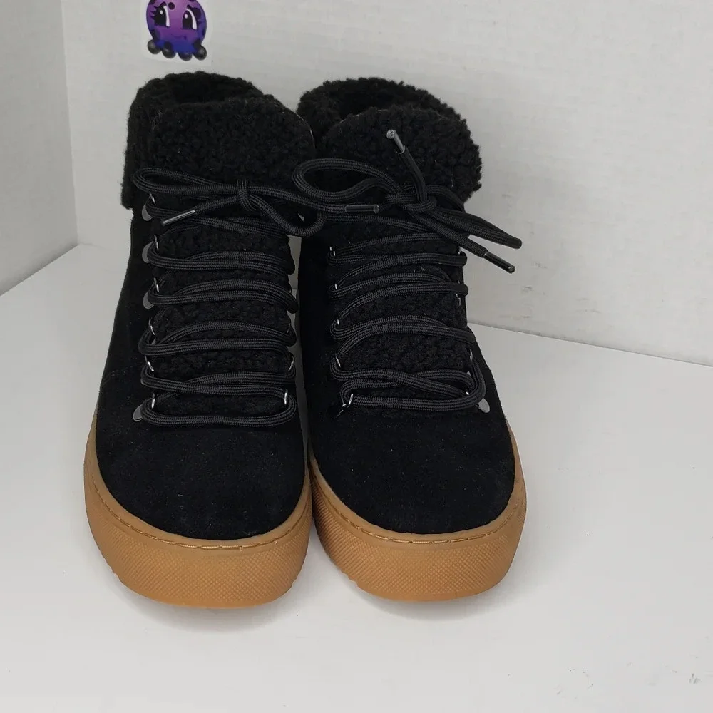 Susina Womens Black Suede Faux Fur Lace Up Ankle Booties Sz 8M